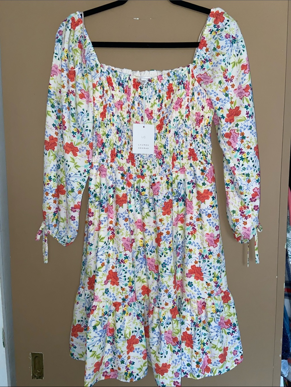 LC Lauren Conrad White Floral Smocked Mini Dress with Pink & Red Blooms